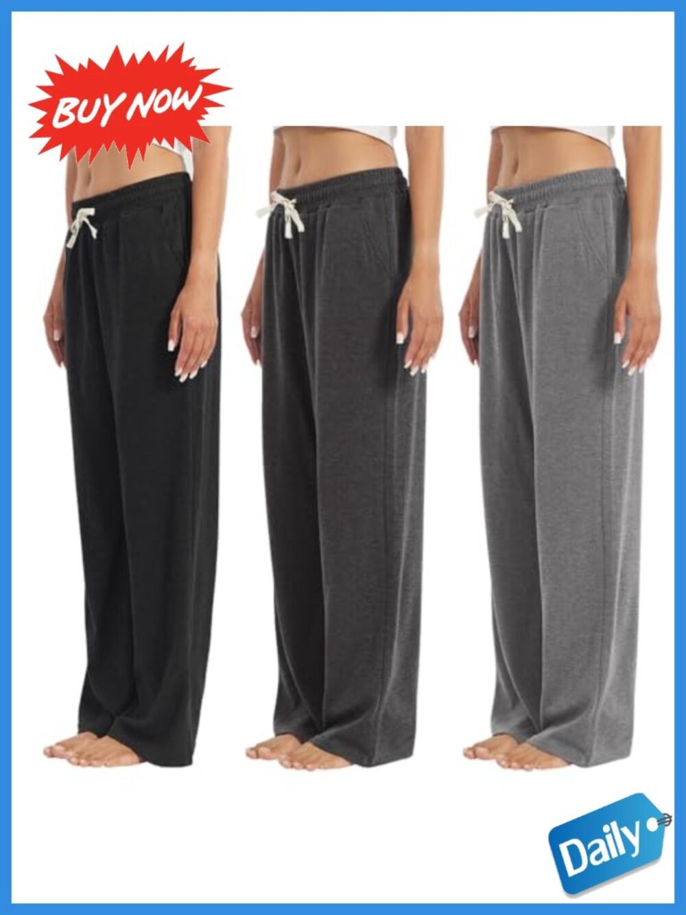 Womens 3-Pack Wide Leg Sweatpants Lounge Pants with Pockets